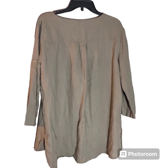 Ellen Tracy linen Large popover top Shirt Olive ling line rolled Sleeves 1/2 Zip - Picture 2 of 10